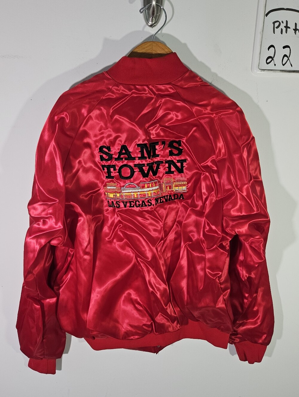 Vintage 80's Sam's Town Las Vegas Red Embroidered Satin Bomber Jacket!